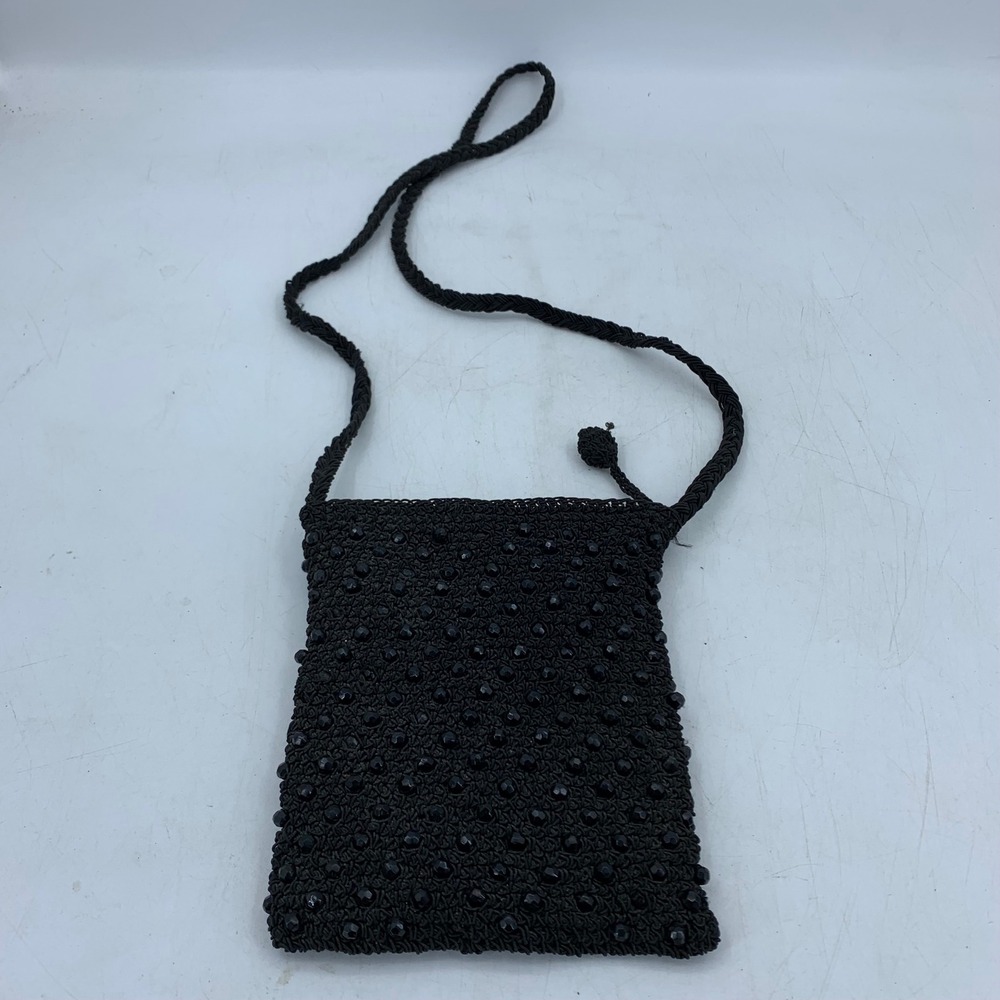 Vintage Black Beaded Crochet Crossbody Micro Bag Evening Phone Purse 90s Y2K